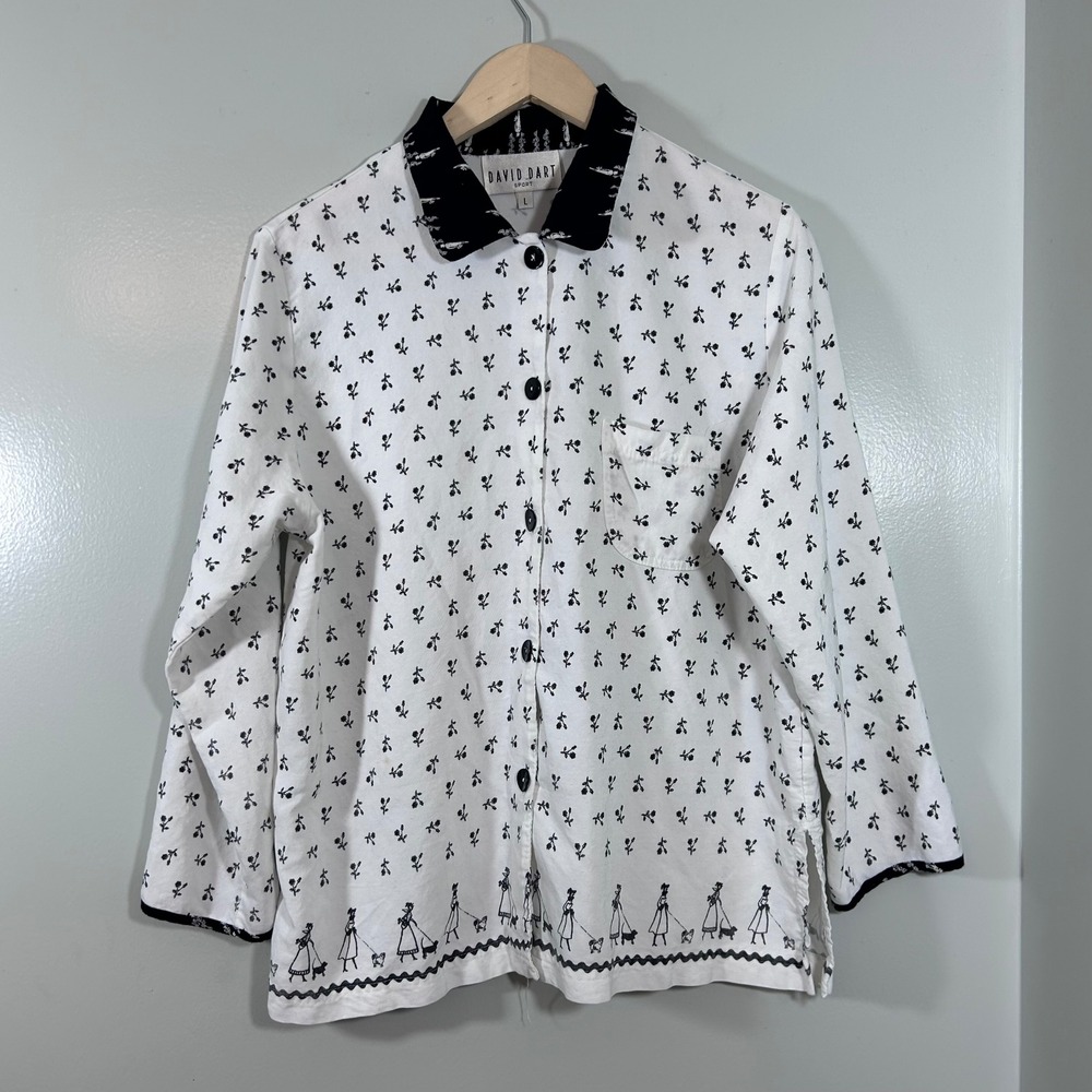 David Dart Sport Vintage Novelty Dog Walker Print Blouse White Black L USA Made